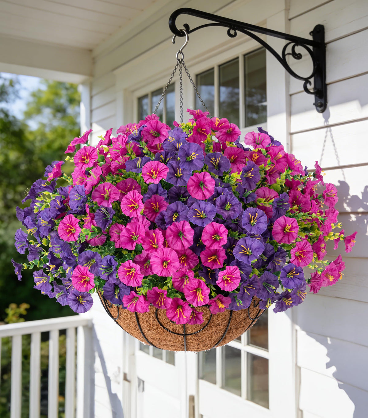 Ivydale artificial hanging morning glory basket with eucalyptus leaves, maintenance-free outdoor decor