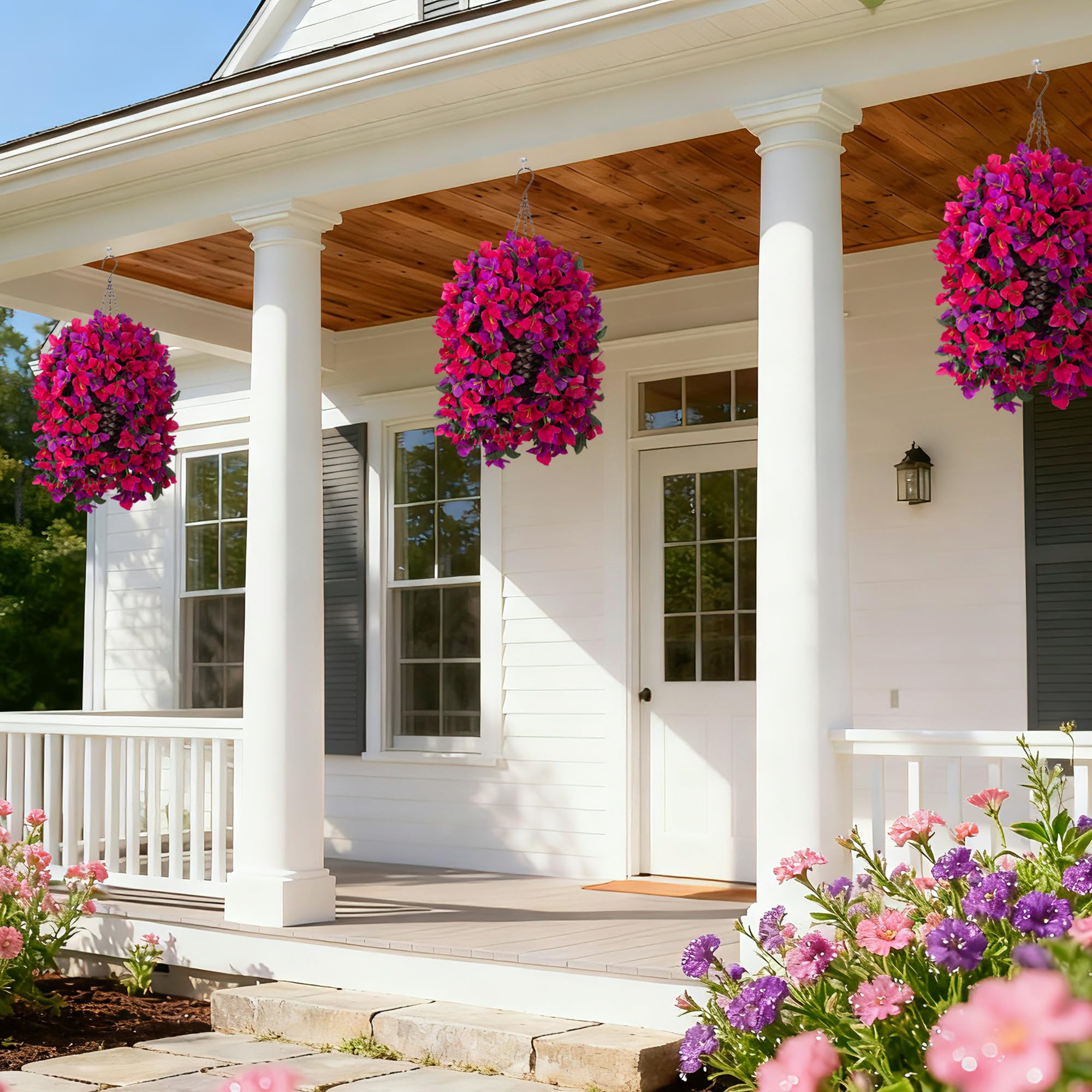 Ivydale Bougainvillea hanging flowers in outdoor basket setup on a porch.