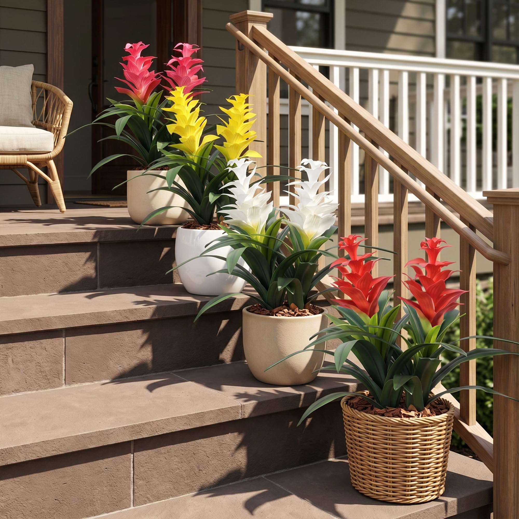 Ivydale 16.93-inch bromeliad artificial flowers brightening a sunny patio
