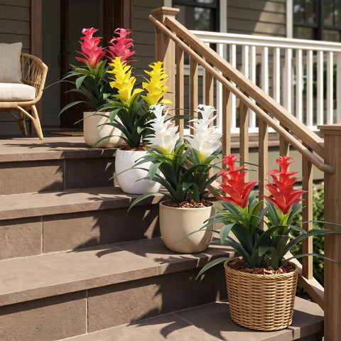Ivydale 16.93-inch bromeliad artificial flowers brightening a sunny patio