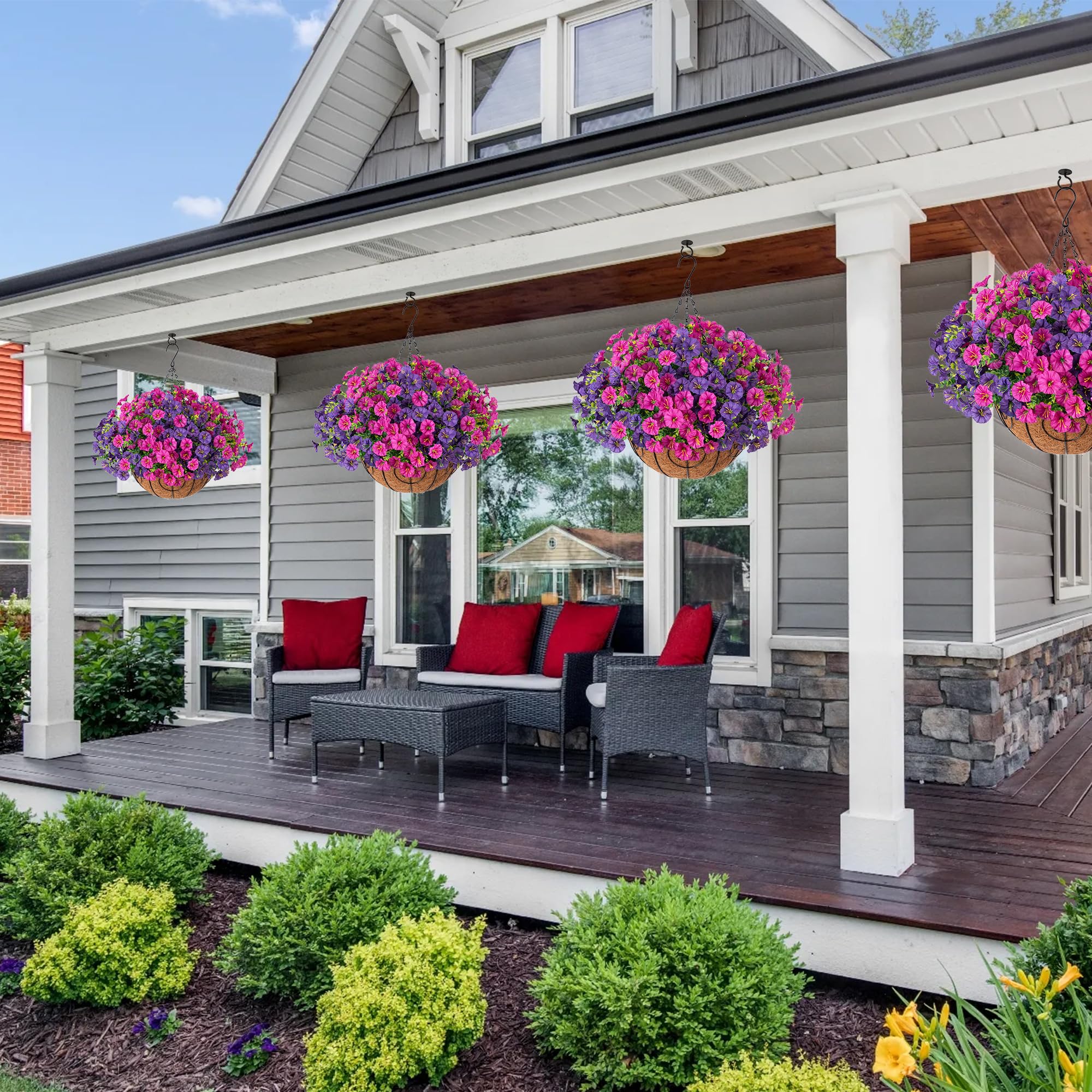 Ivydale eucalyptus accents enhance faux blooms, realistic look for porch decoration