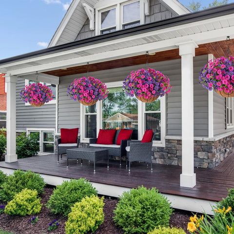 Ivydale eucalyptus accents enhance faux blooms, realistic look for porch decoration