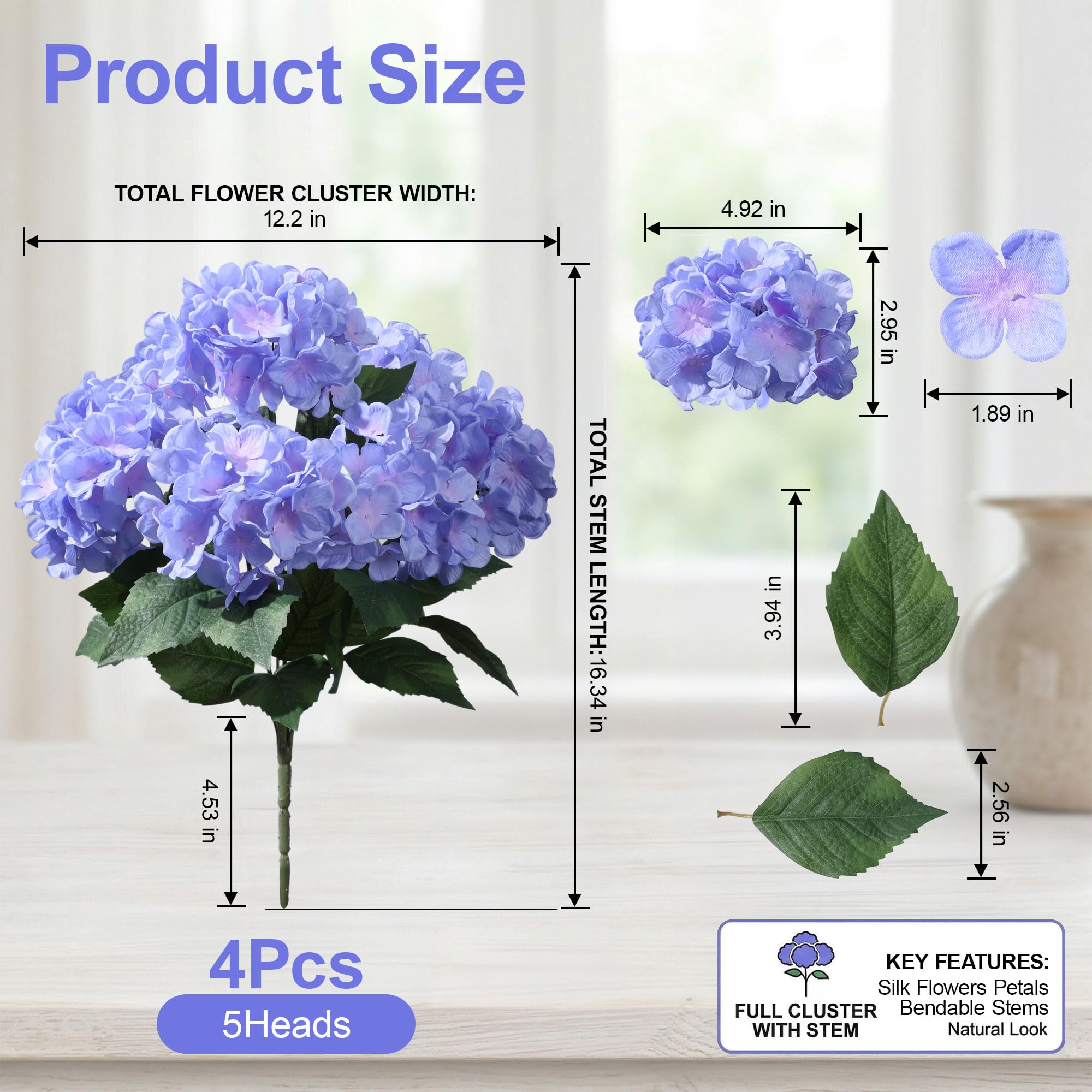 Ivydale purple-blue hydrangea stems for outdoor use, weather-resistant and realistic.
