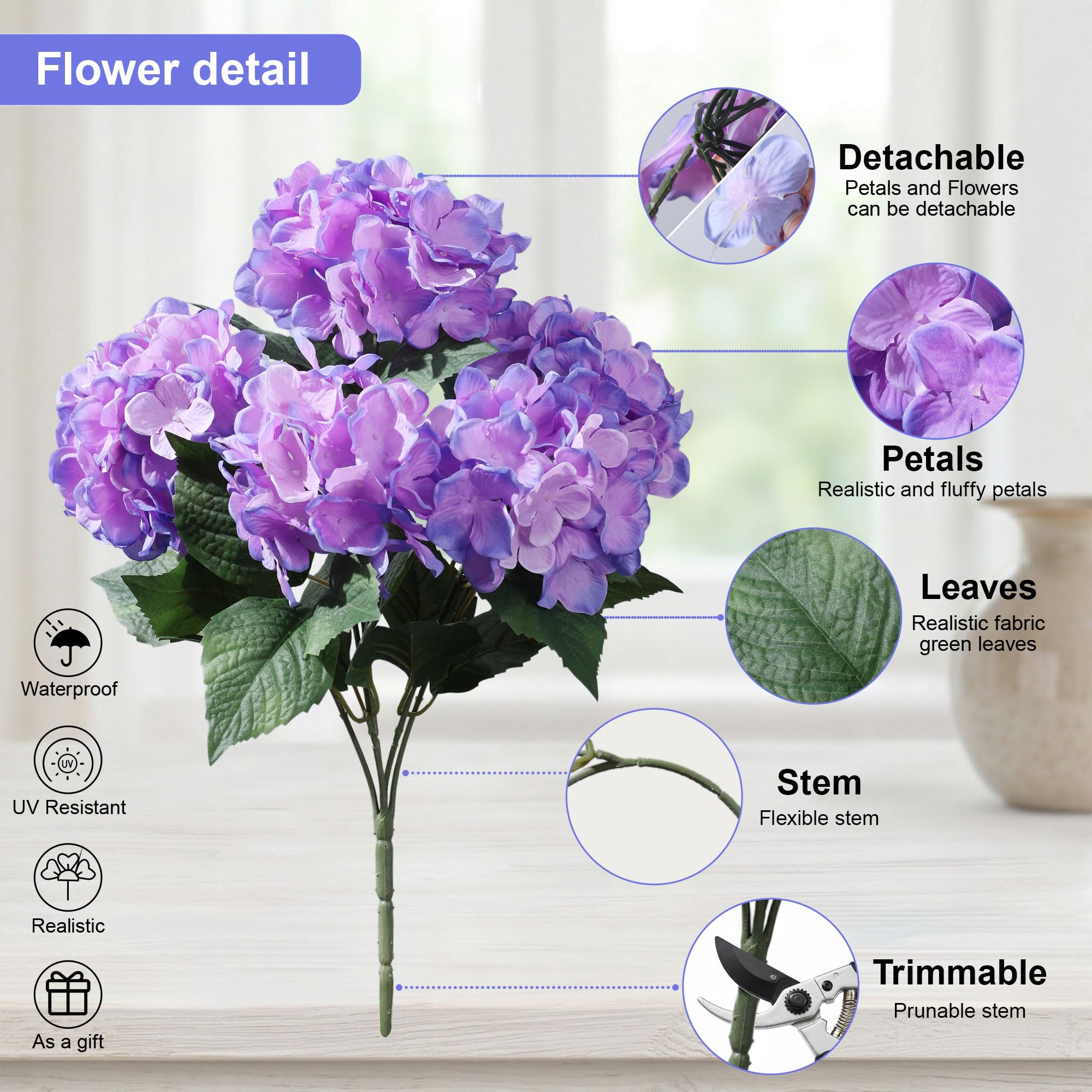 Ivydale hydrangea stems, purple-blue, ideal for outdoor centerpieces and patio decor.