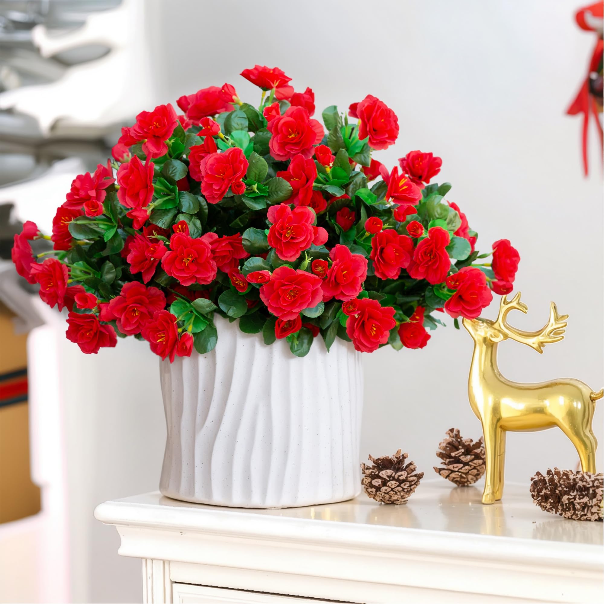 Ivydale artificial camellias brighten garden table without watering.