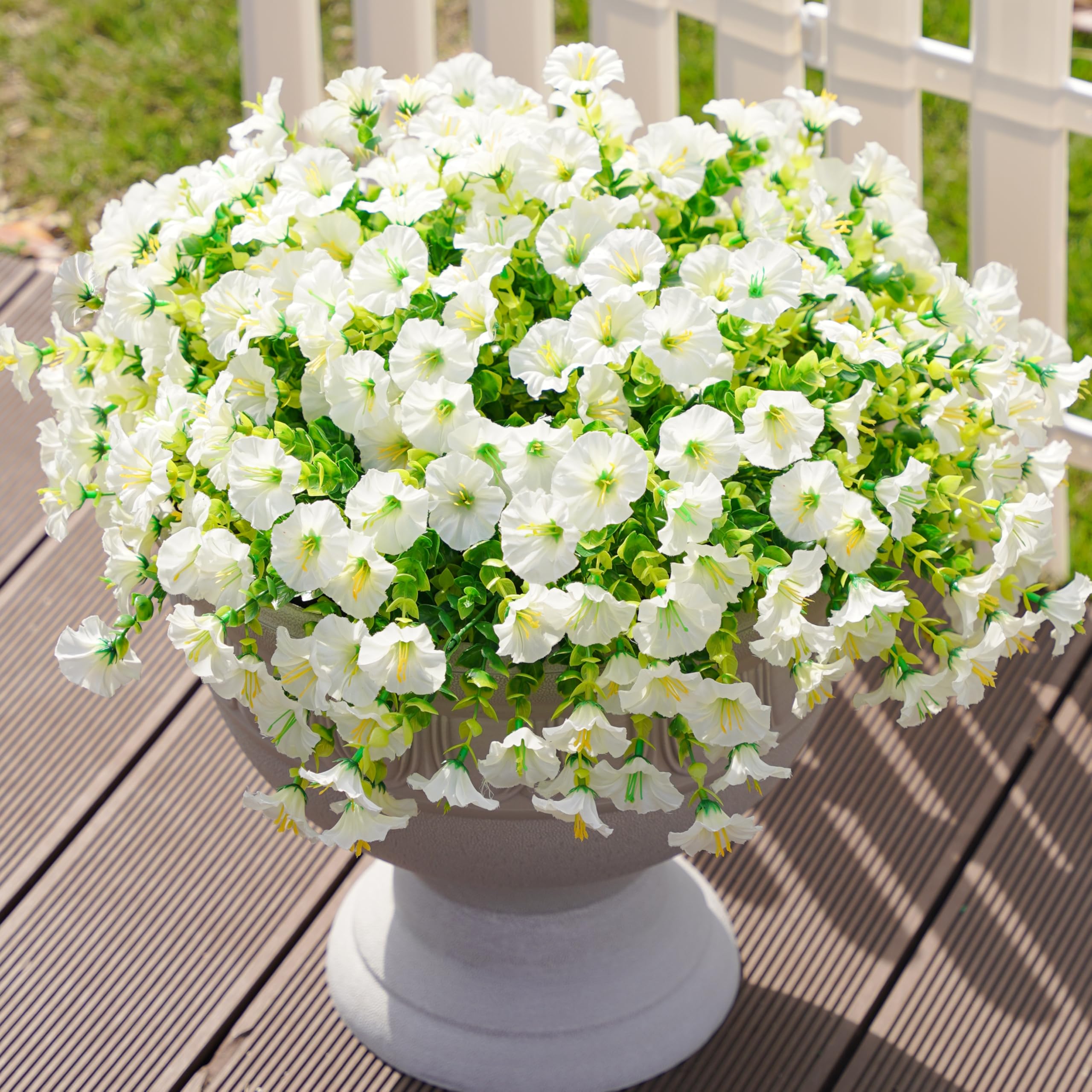 Ivydale windy yard display with white morning glory and eucalyptus