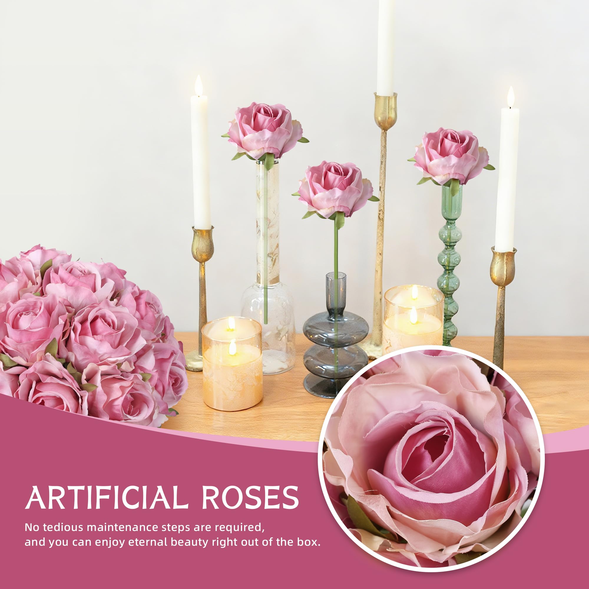 Ivydale pink rose stem detail showing flexible wired stems for easy vase fitting.