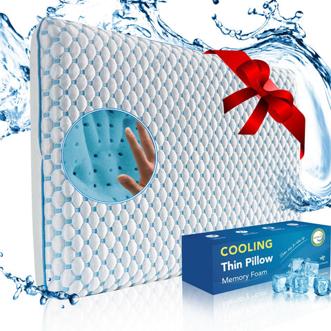 Iwacool flat pillow with cooling memory foam for neutral head alignment.
