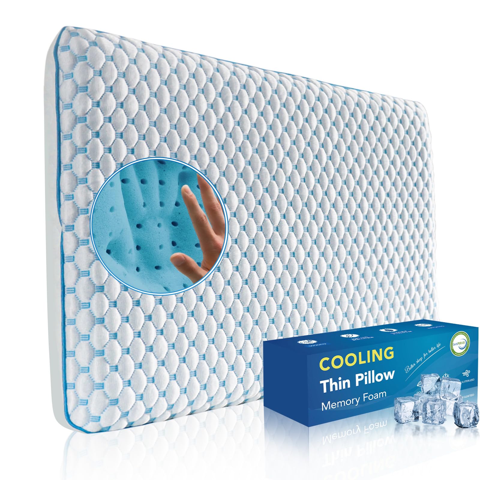 Iwacool stomach sleeping pillow top view highlights slim profile for neck alignment.