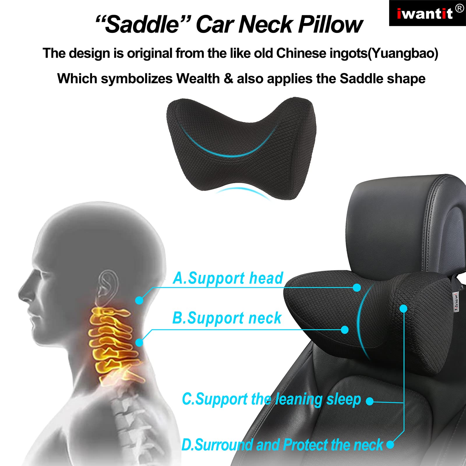 iwantit car neck pillow ergonomic curves support the cervical spine during driving.