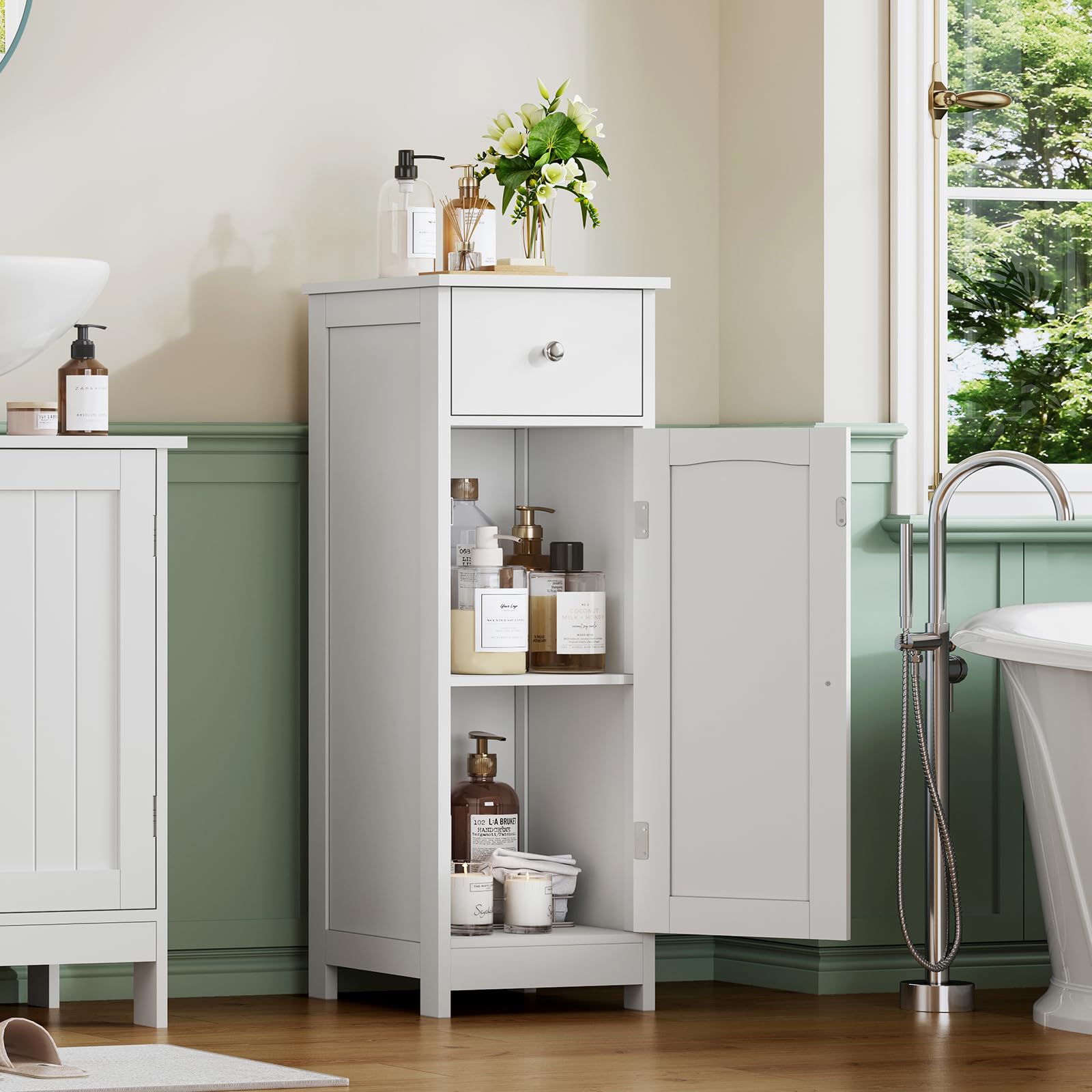 Iwell bathroom floor cabinet drawer open highlights organized storage options