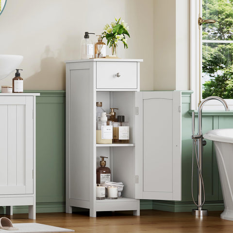 Iwell bathroom floor cabinet drawer open highlights organized storage options