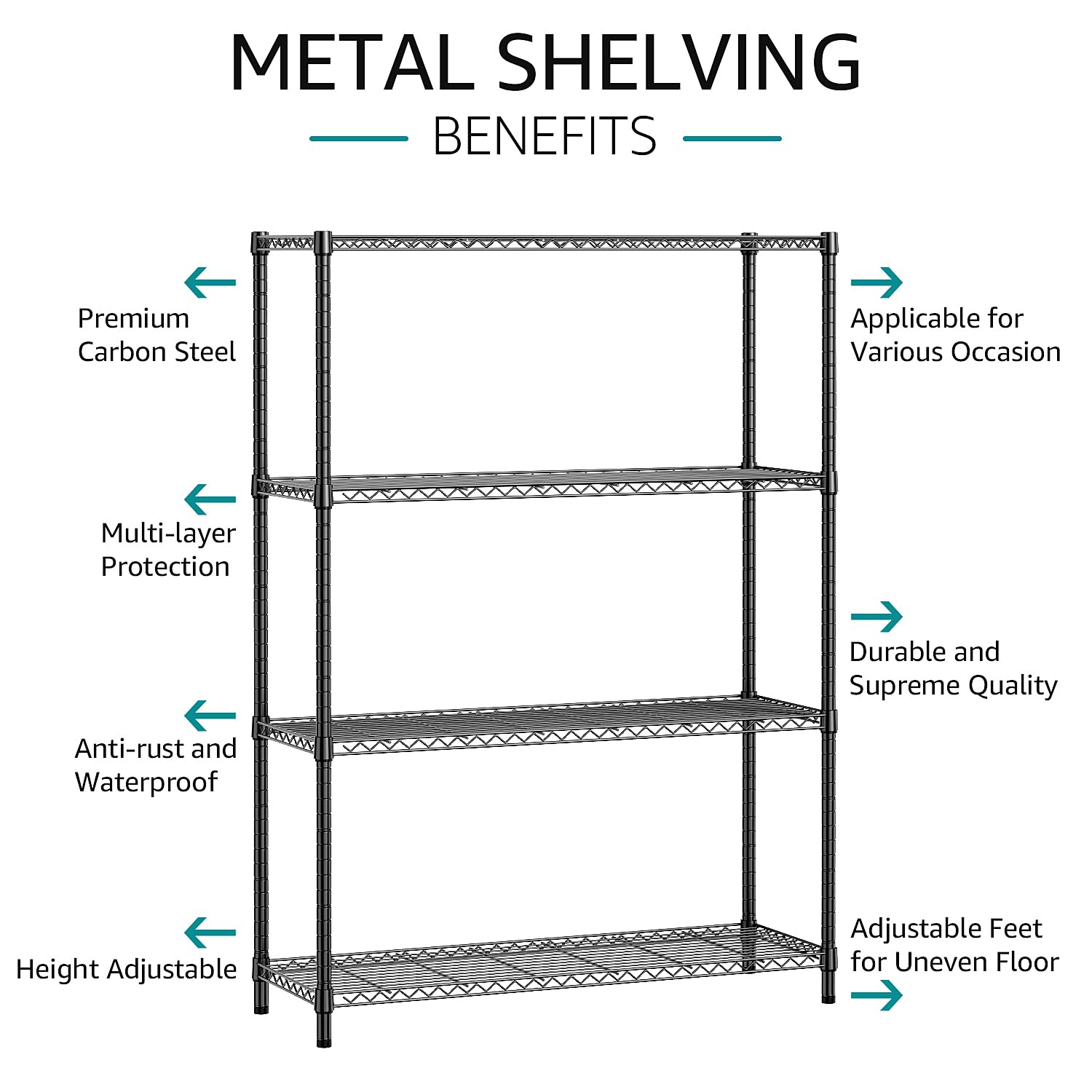 IZ EUK four-tier shelves adjusted in 1-inch increments for varied items.