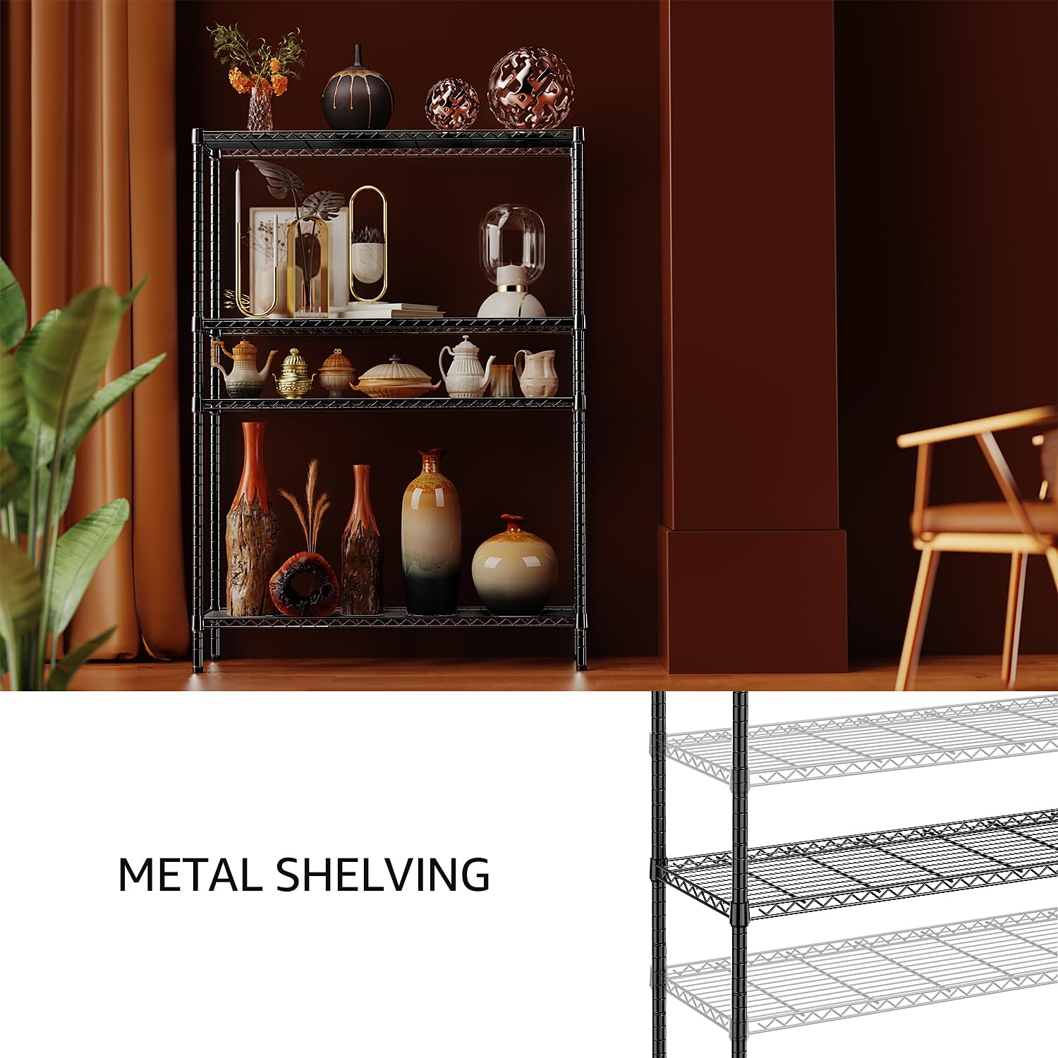 IZ EUK kitchen storage shelving used to organize pantry and cookware.