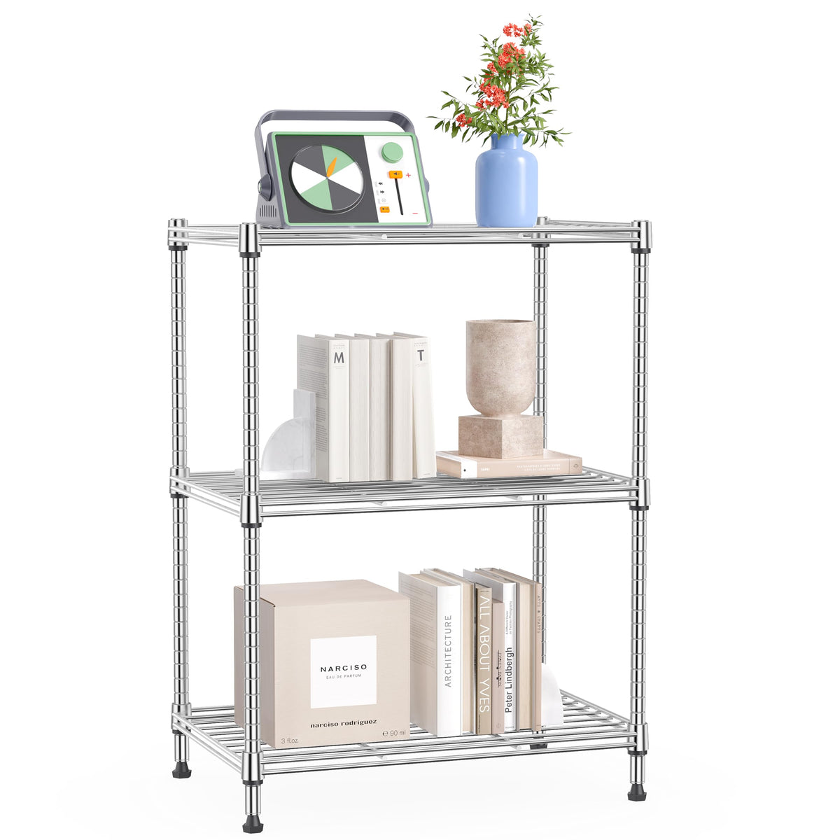 IZEUK 3-tier chrome shelf for pantry storage showing sturdy shelving and organized items