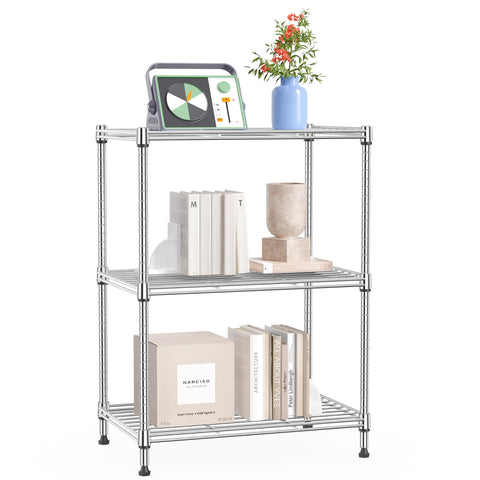 IZEUK 3-tier chrome shelf for pantry storage showing sturdy shelving and organized items