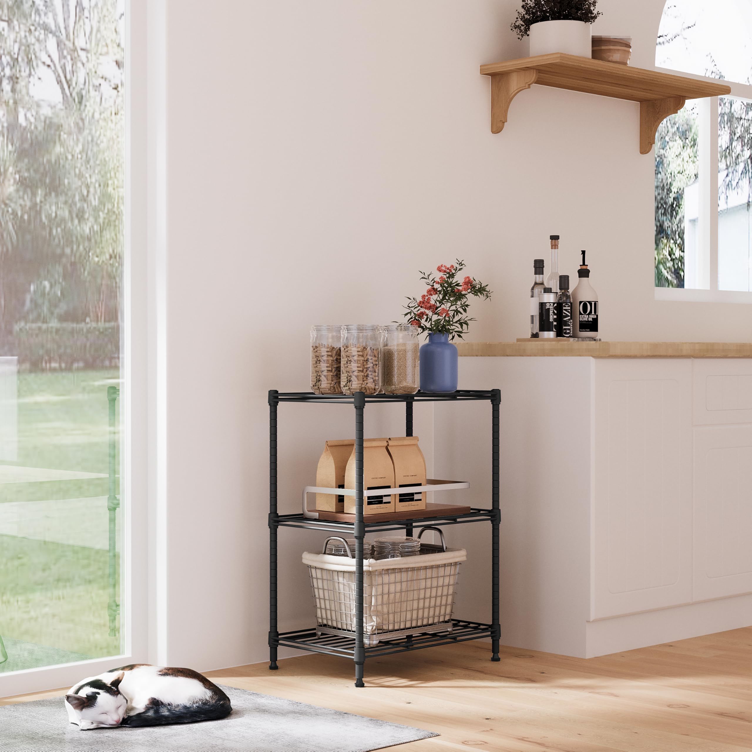 IZEUK 3-tier shelf in kitchen or pantry for cookware organization.