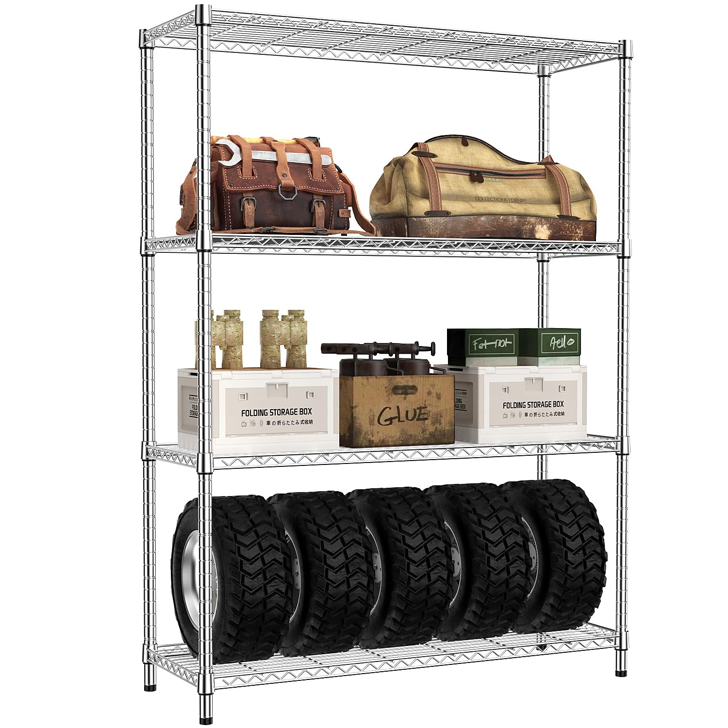 IZeUK 4-tier shelving front view highlights a durable carbon steel frame for garage storage