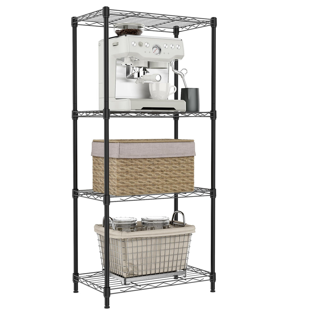 IZEUK 4-tier wire shelf unit front view shows compact kitchen storage