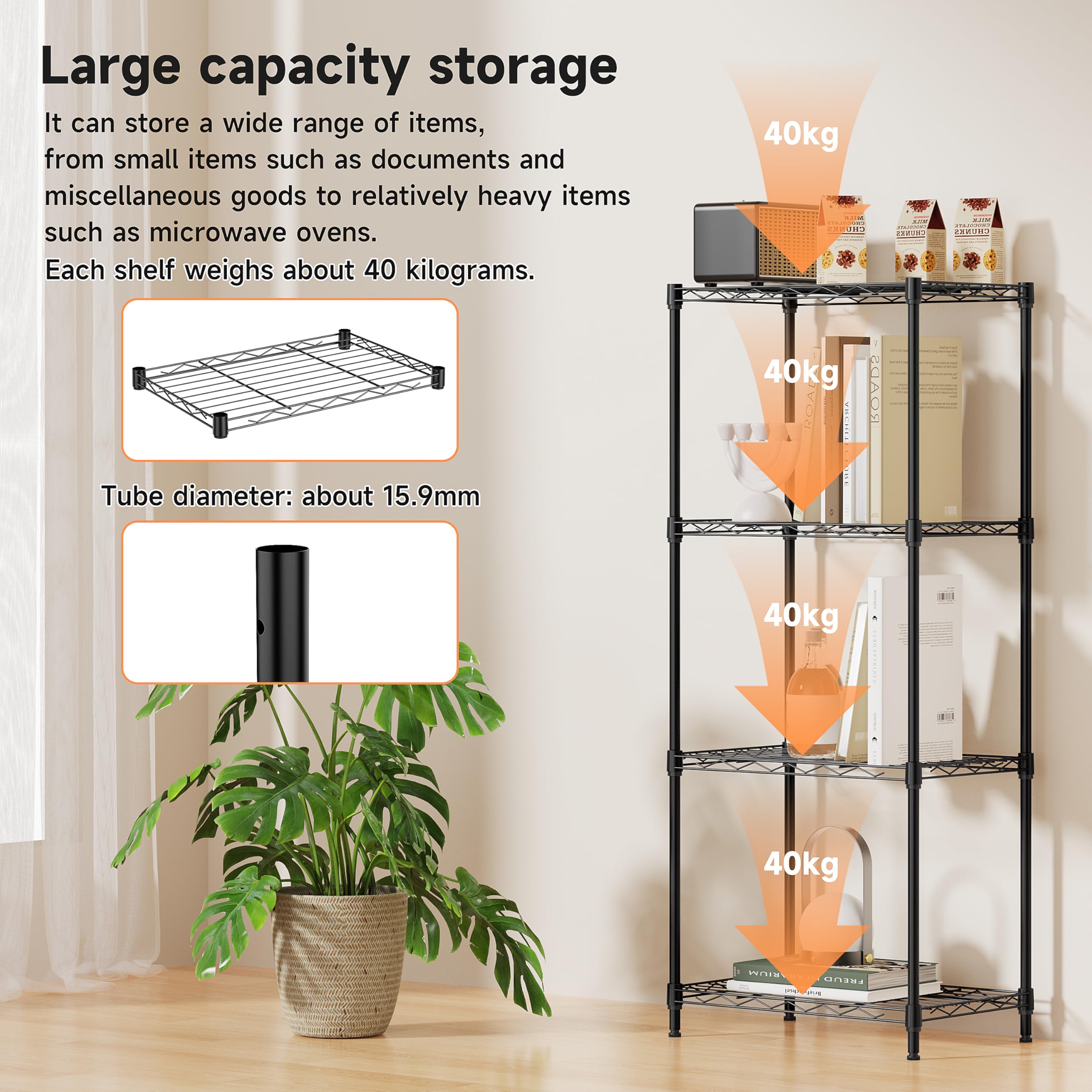 IZEUK 4-tier wire shelf unit in kitchen keeps items organized