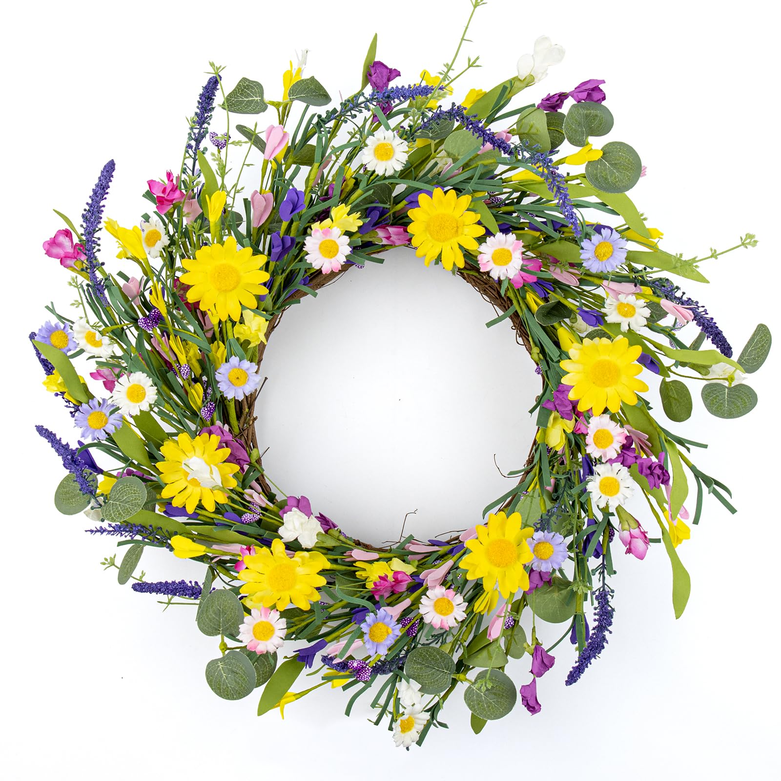 J'FLORU artificial spring wreath with daisies and lavender for front door display