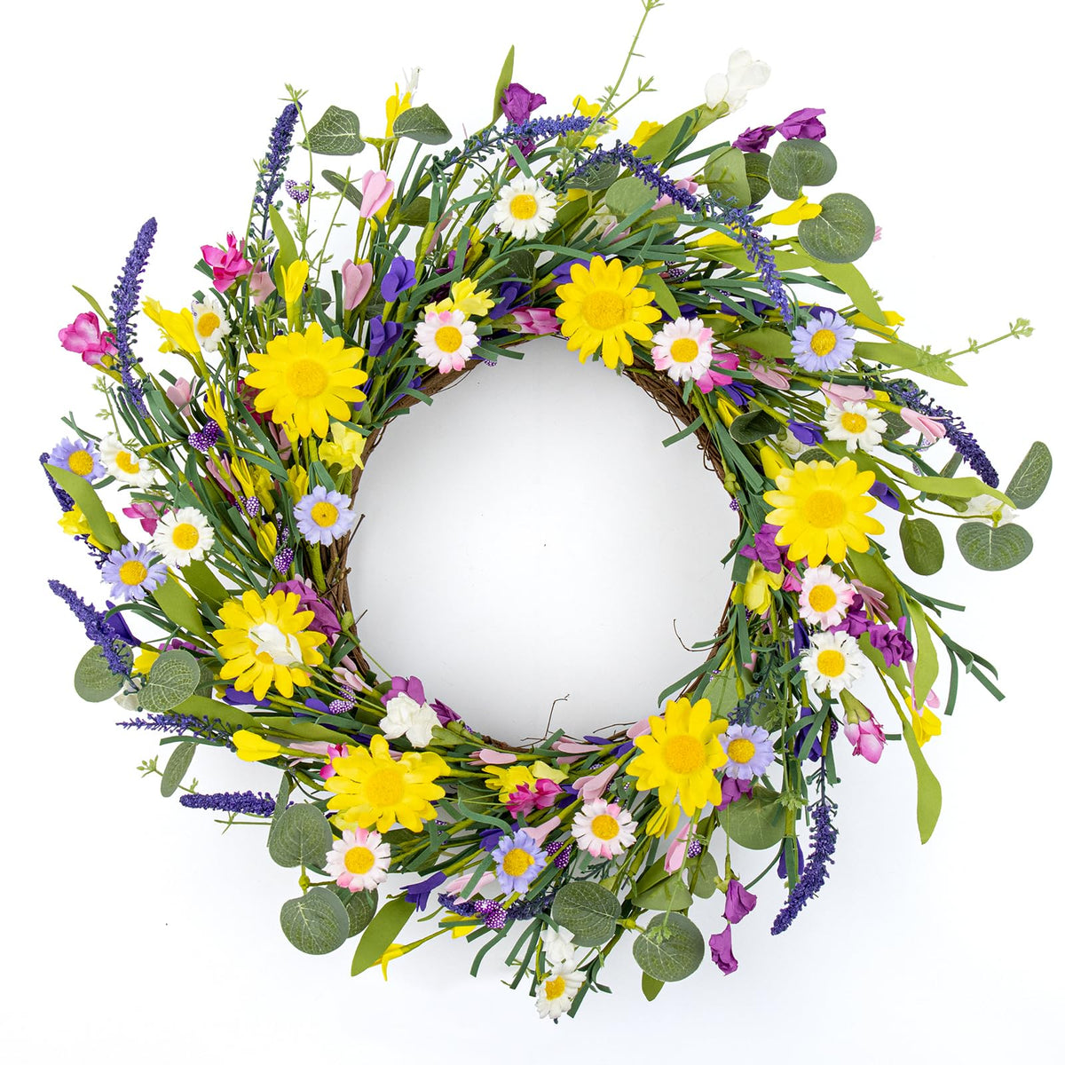 J'FLORU artificial spring wreath with daisies and lavender for front door display