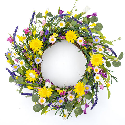 J'FLORU artificial spring wreath with daisies and lavender for front door display