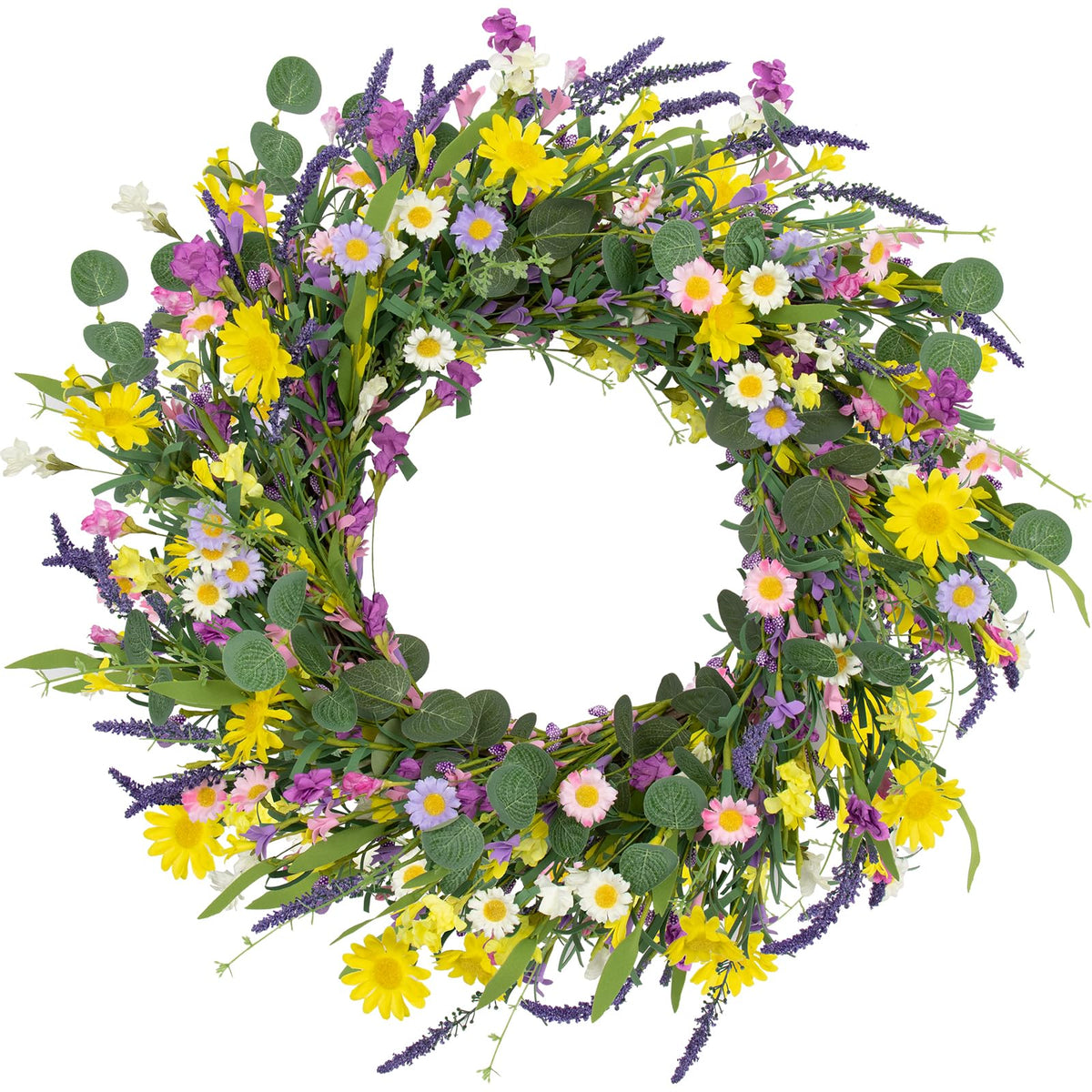 J'FLORU Spring Wreath on front door with daisies and lavender, welcoming entryway charm