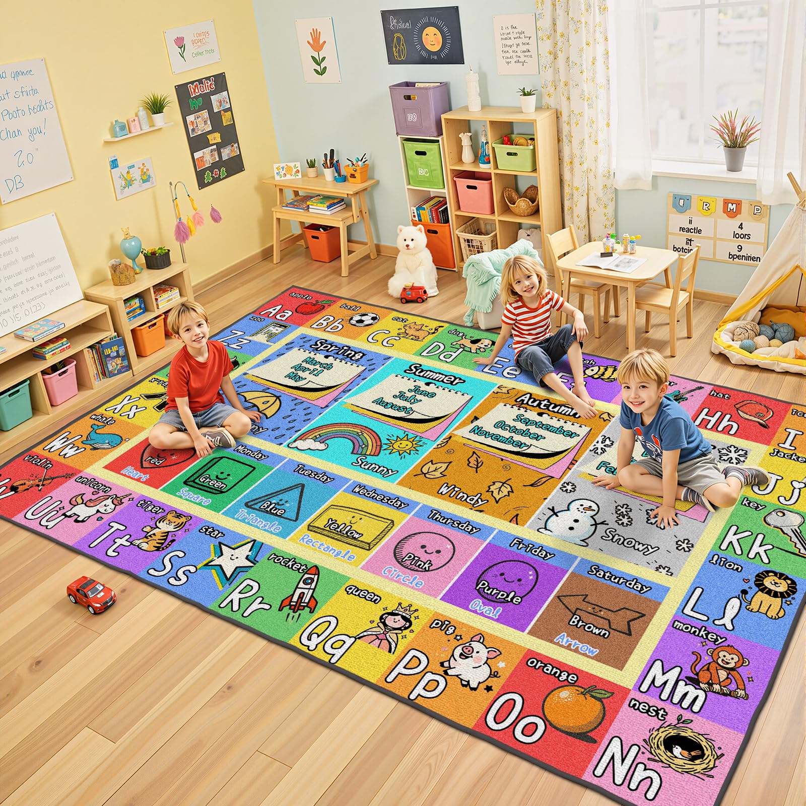 J Rombol ABC Kids Playroom Rug 4x6 with ABCs and shapes for early learning.
