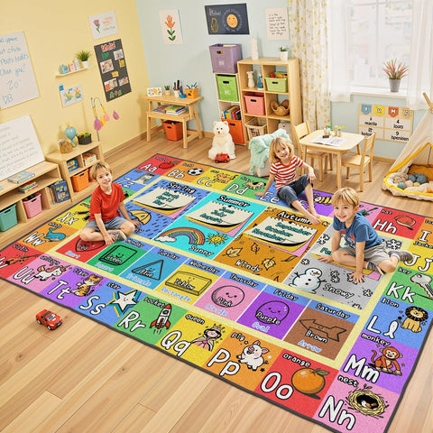 J Rombol ABC Kids Playroom Rug 4x6 with ABCs and shapes for early learning.