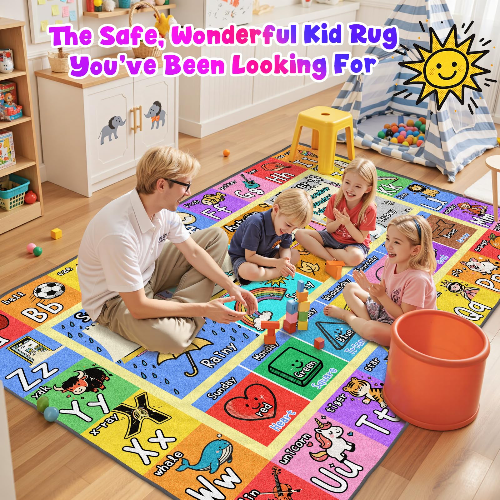 J Rombol edge-stitched rug for durable classroom-grade quality.