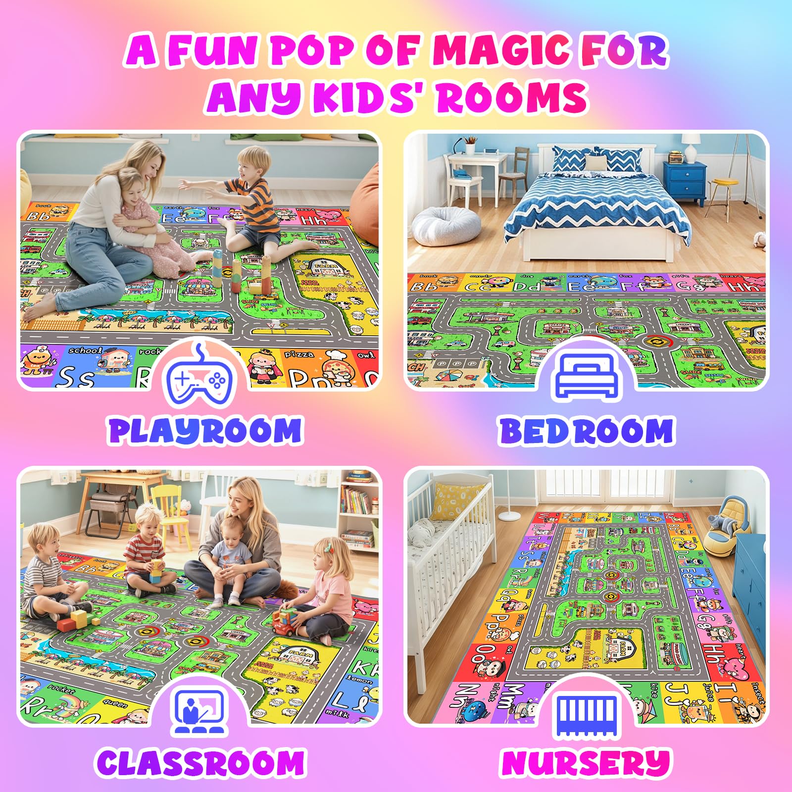 J Rombol Kids Road Rug - multiple sizes for bedrooms or classrooms