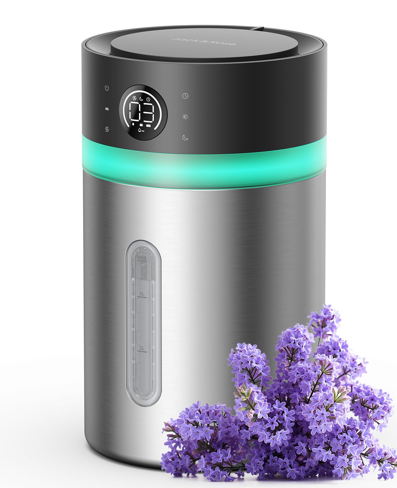 Jack & Rose stainless steel humidifier front view for clean mist and modern look.