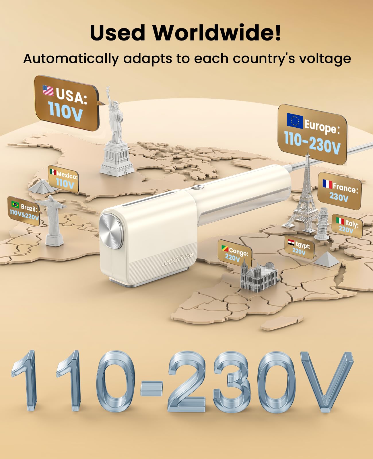 Jack & Rose travel steamer with global voltage for hotels worldwide.