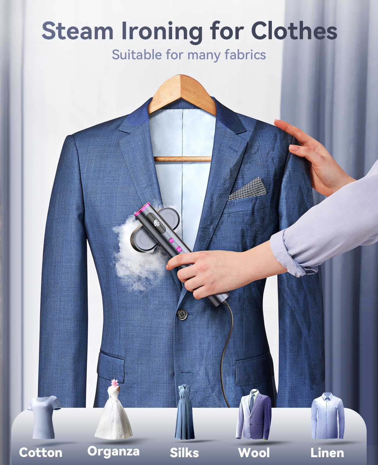 Dry ironing panel on K1 shapes collars and hems with precision.