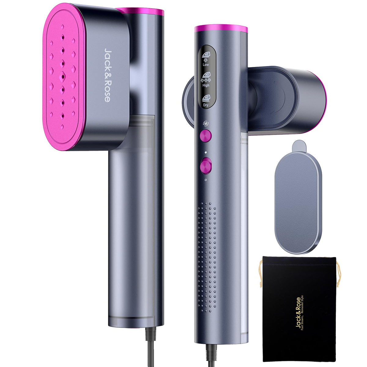 Jack & Rose K1 travel steamer shows global voltage compatibility for on-the-go clothes care.