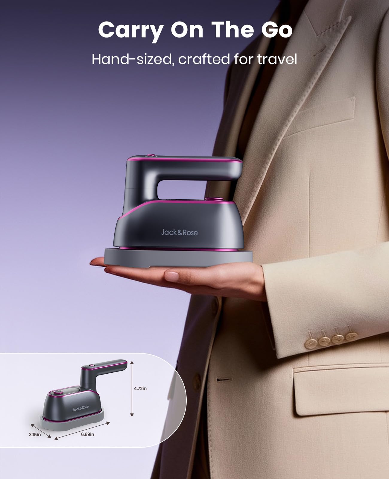 Jack & Rose Travel Steamer Iron rotating head, effortless control for versatile use