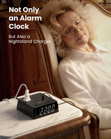 JACKYLED alarm clock shows dual alarms and snooze for easy waking.