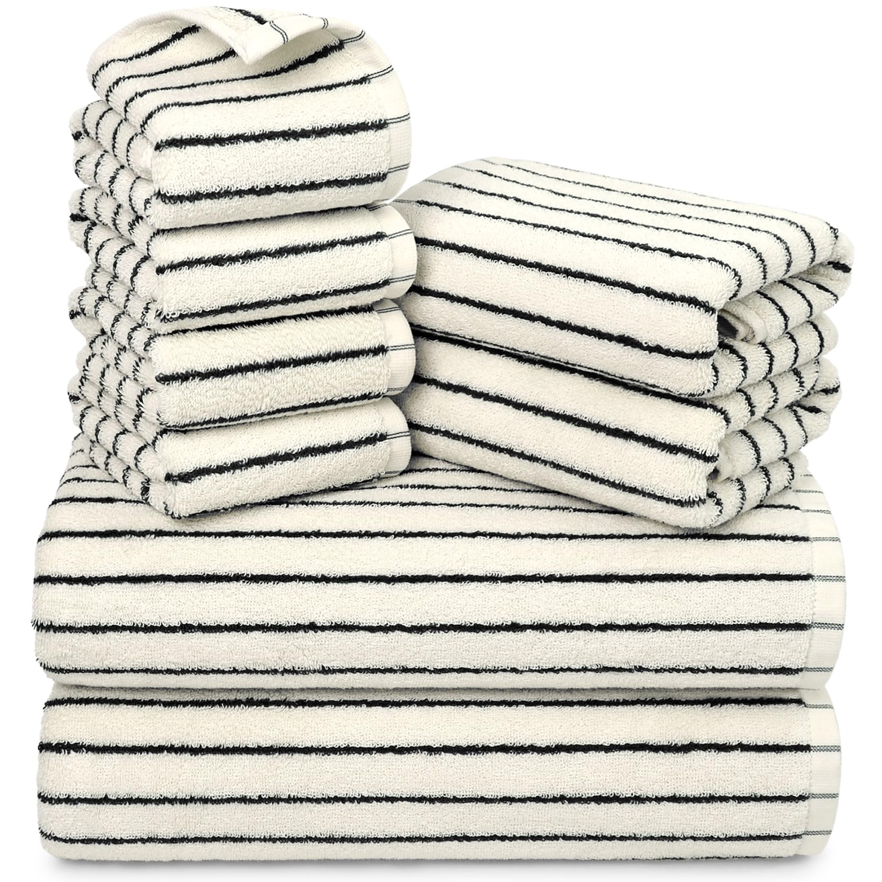 Jacquotha 8-Piece Black and White Cotton Towel Set overview showing soft absorbent bath towels