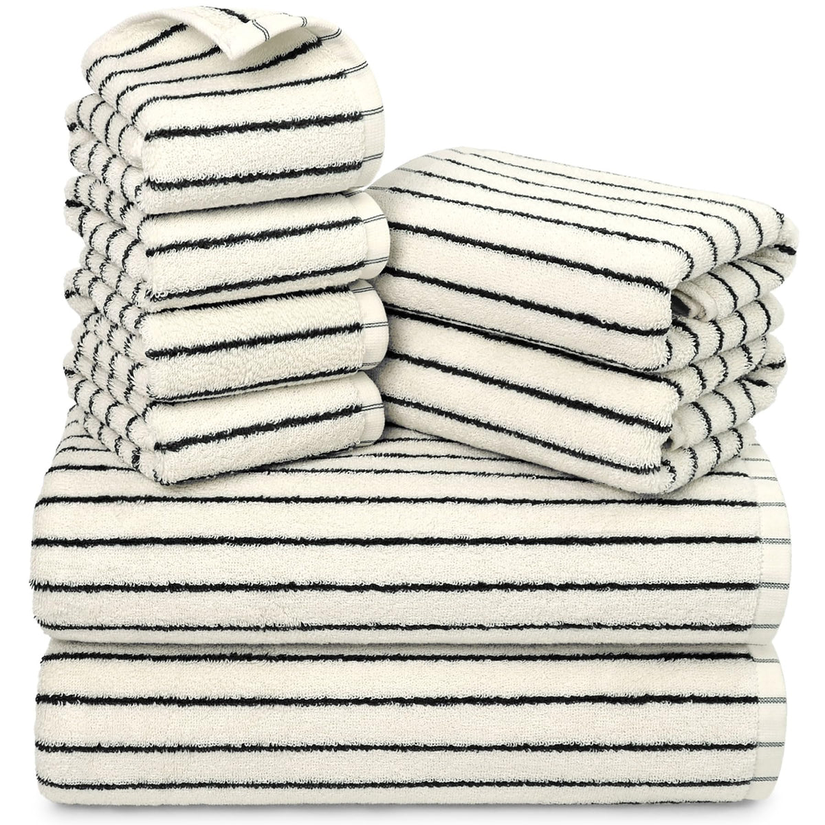 Jacquotha 8-Piece Black and White Cotton Towel Set overview showing soft absorbent bath towels