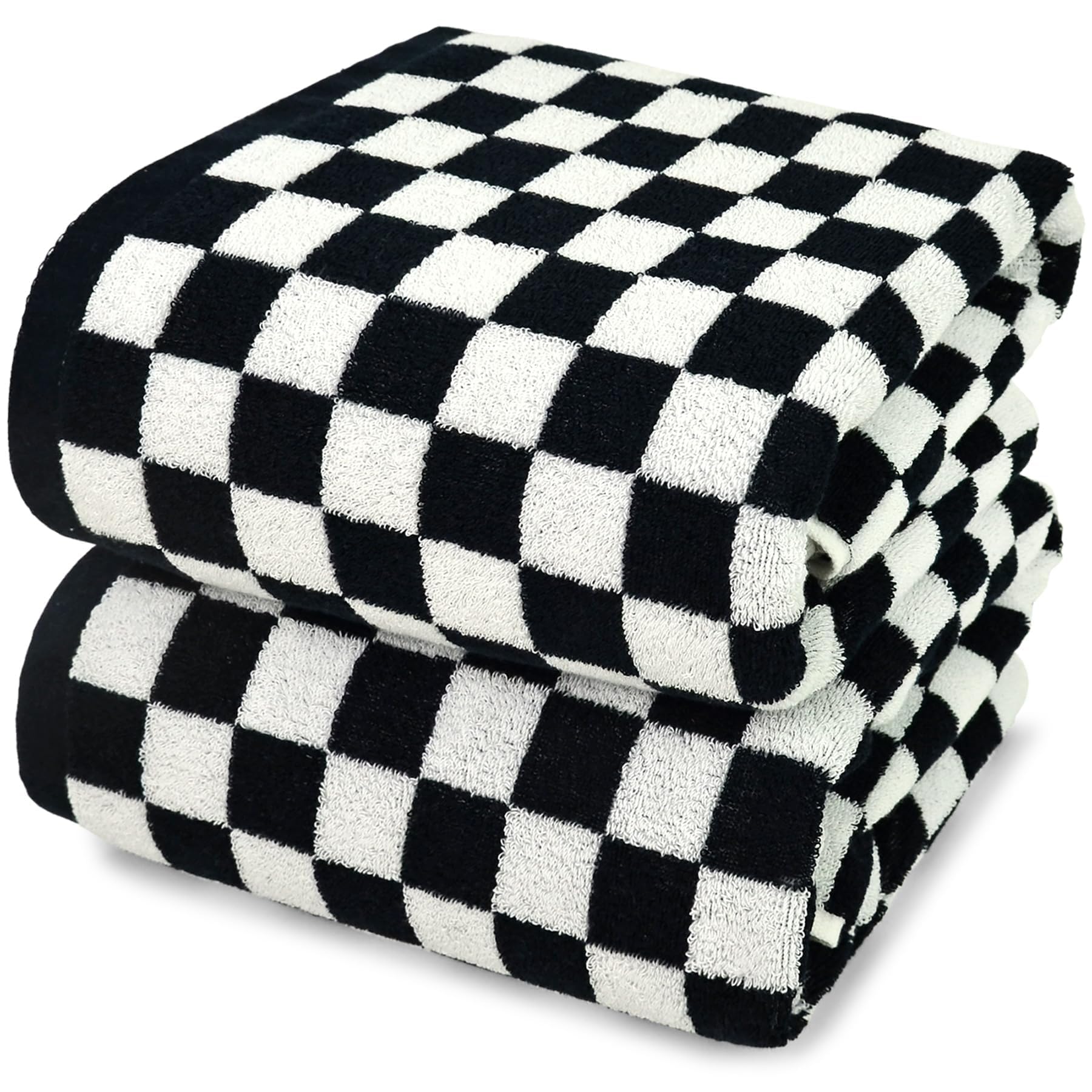 Jacquotha bath towels in black-white checkered folded, plush and absorbent.