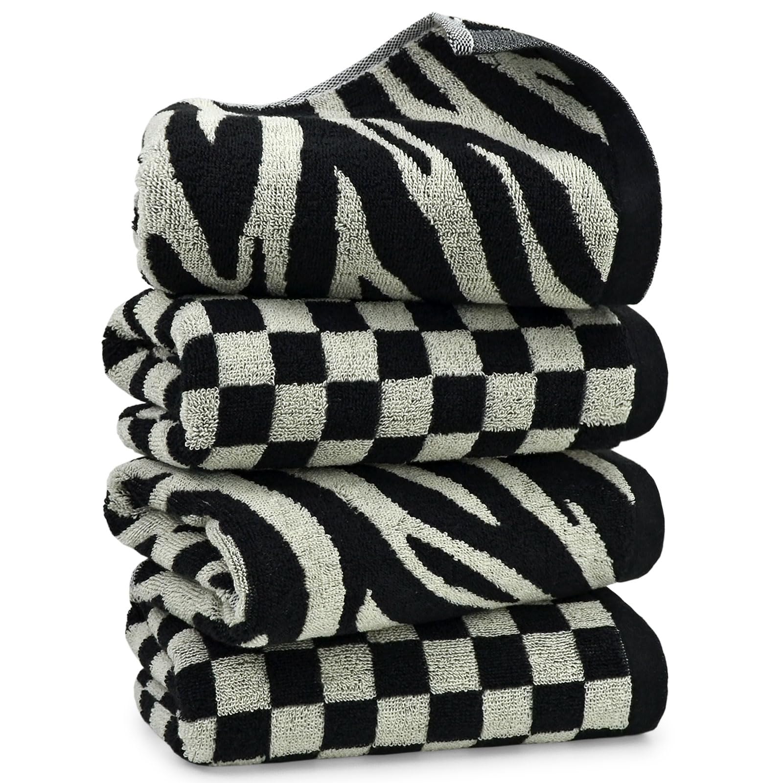 Jacquotha bathroom towels in a checkered black pattern, soft and absorbent for daily use.