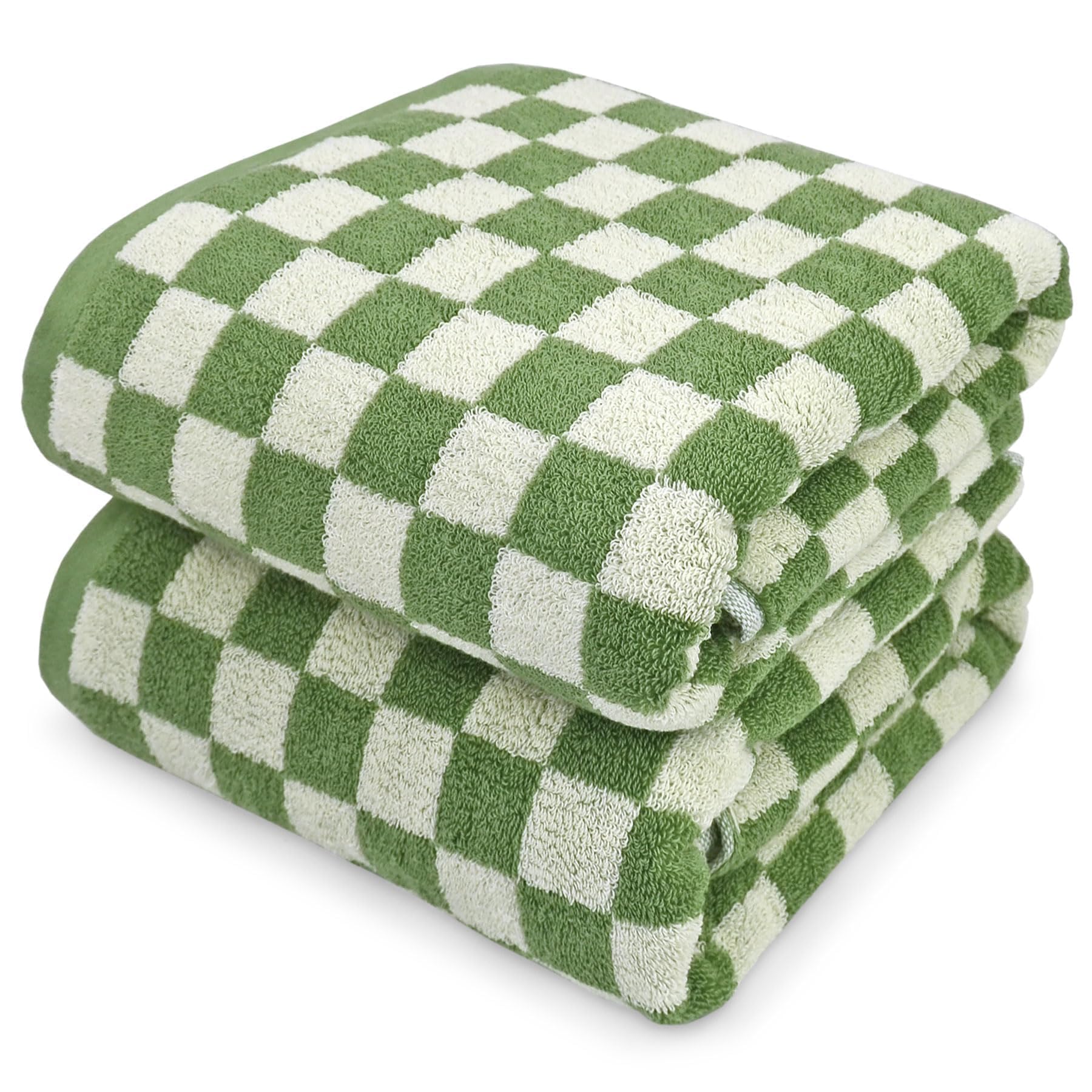 Jacquotha bath towels in green checkered pattern provide generous 55x27.5 inch coverage for wrapping.