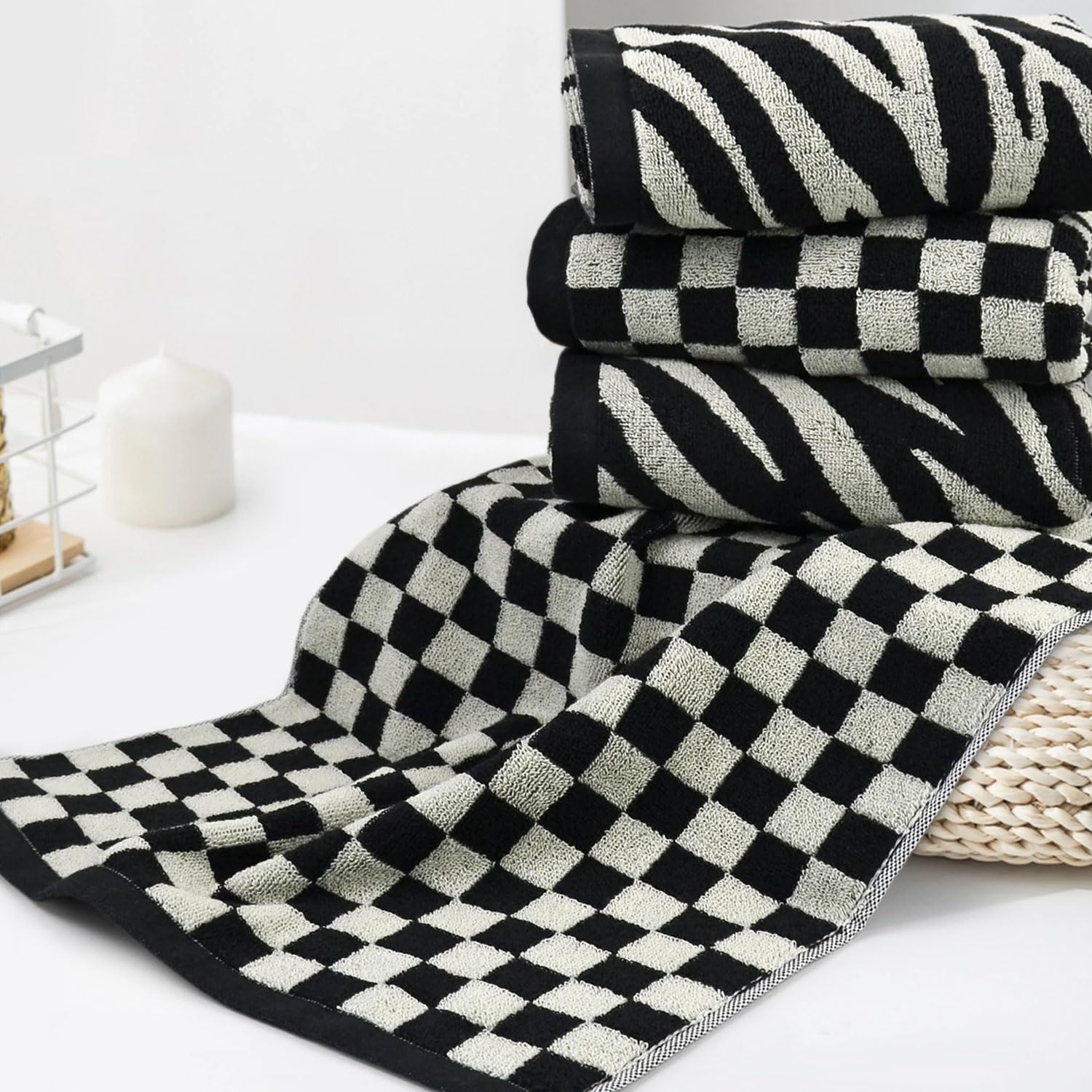 Jacquotha towels with a zebra pattern offering stylish functionality in kitchen or bath spaces.