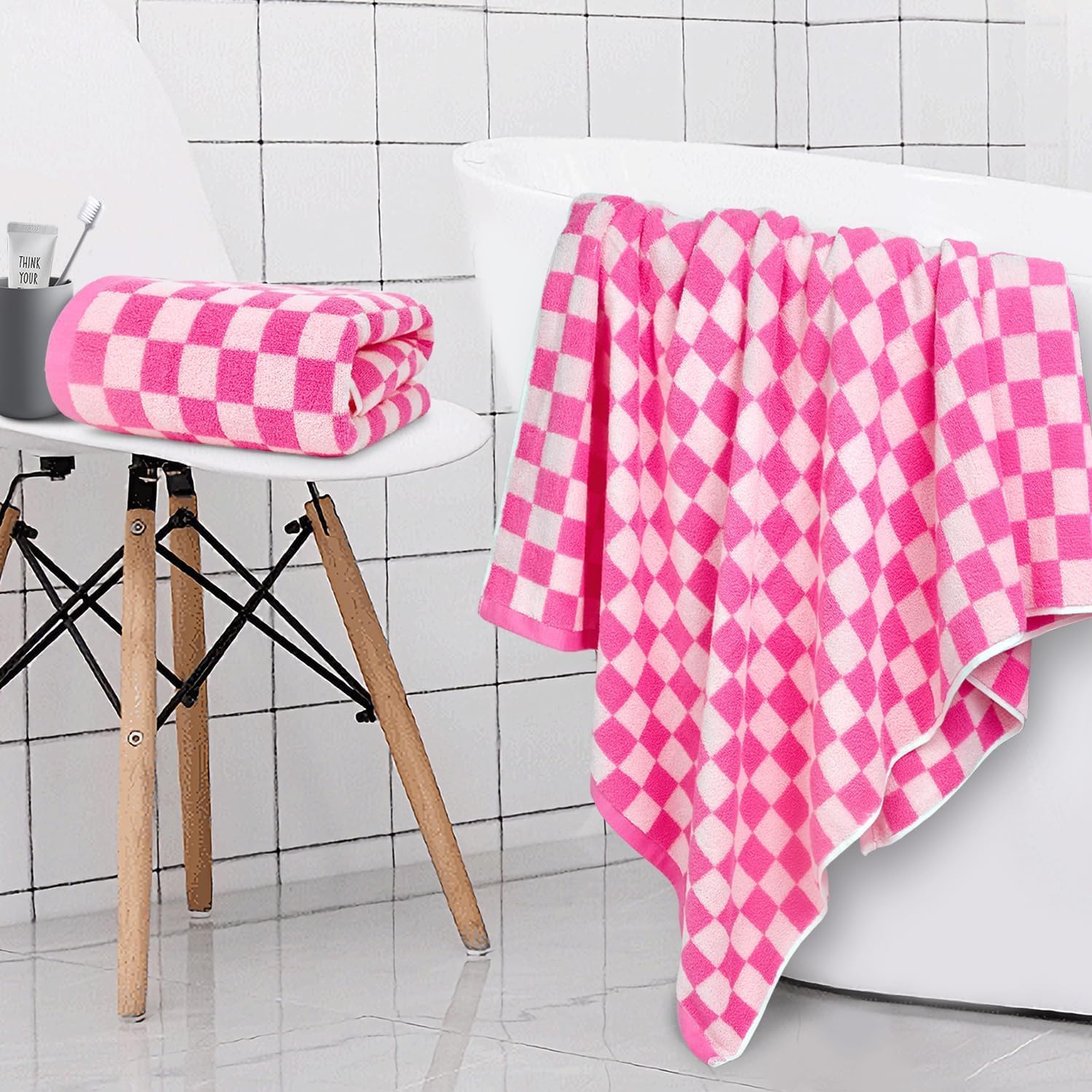 Jacquotha bathroom decor close-up with plush cotton terry and pink shade