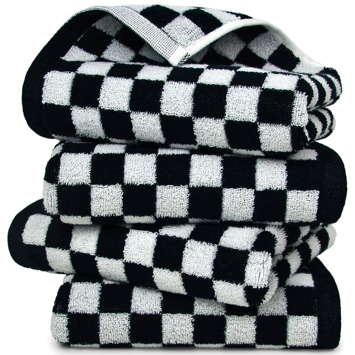 Jacquotha black and white checkered towels add timeless bathroom decor and style.