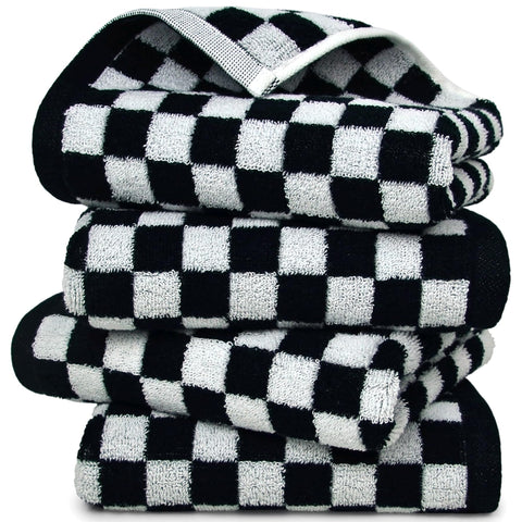 Jacquotha black and white checkered towels add timeless bathroom decor and style.