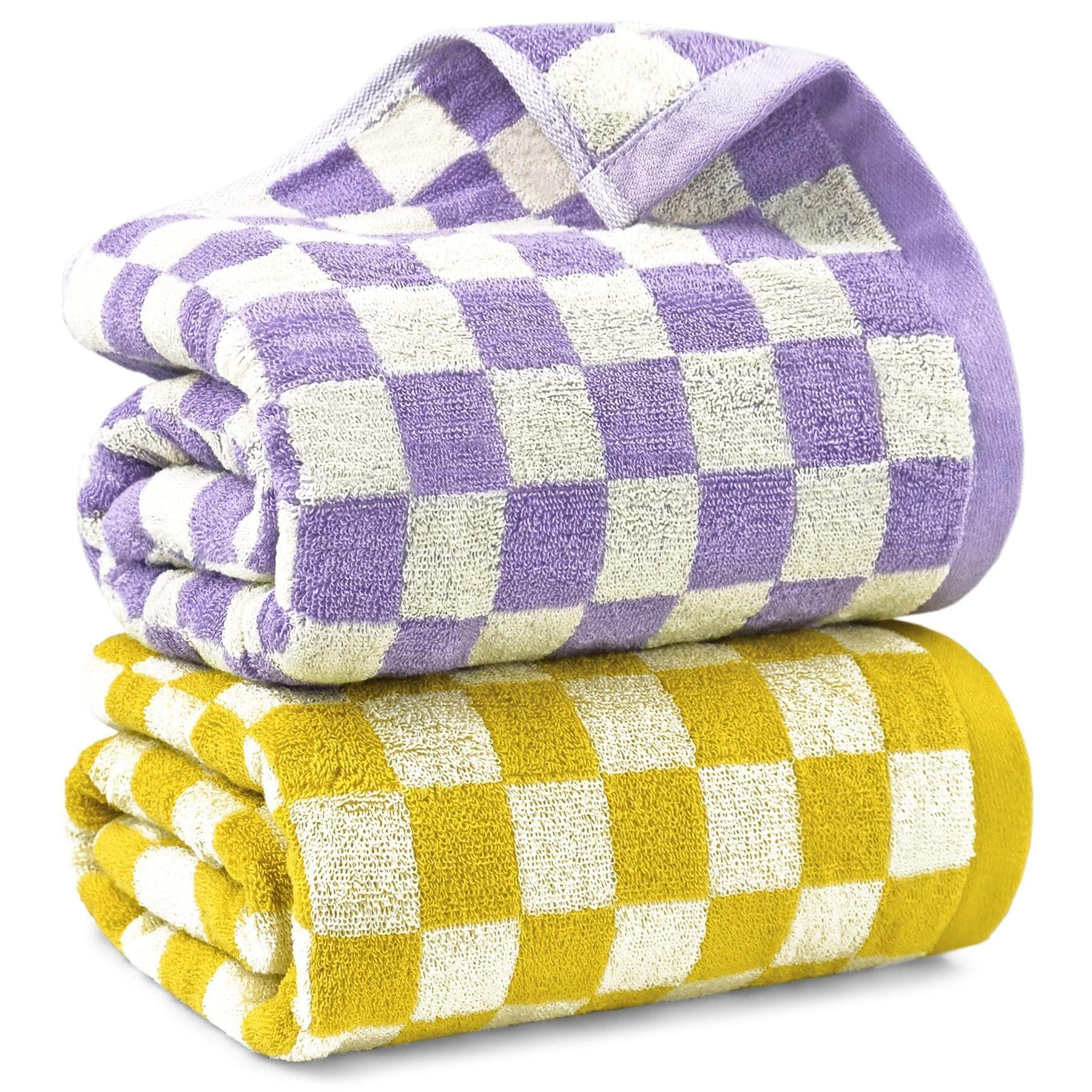 Jacquotha checkered bath towel set in yellow and lilac for quick-dry beach use.