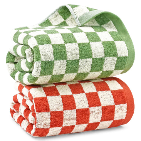 Jacquotha checkered bath towels pair in orange and green, soft and comfortable after showers