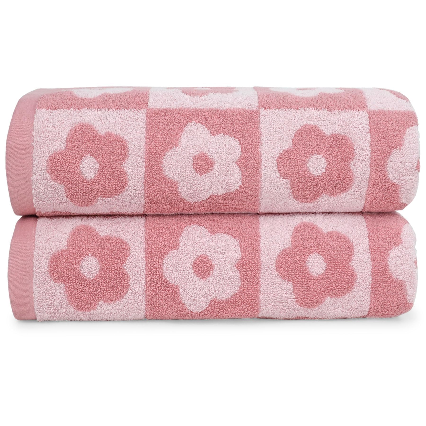 Jacquotha checkered floral towels folded, showing plush texture for quick drying.